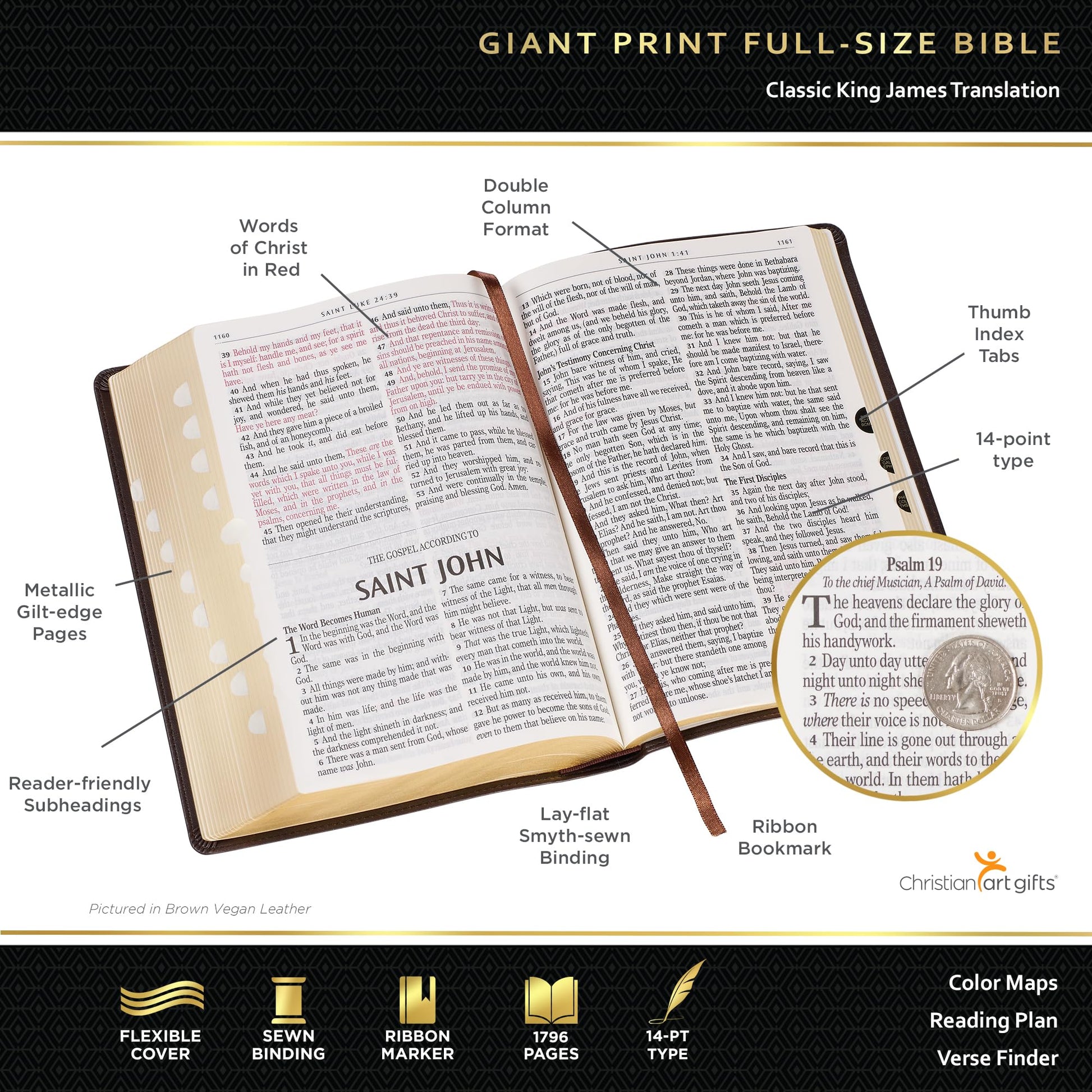 KJV Holy Bible, Giant Print Full-size Faux Leather Red Letter Edition - Thumb Index & Ribbon Marker, King James Version, Dark Brown (KJV Full Size GP Editions)