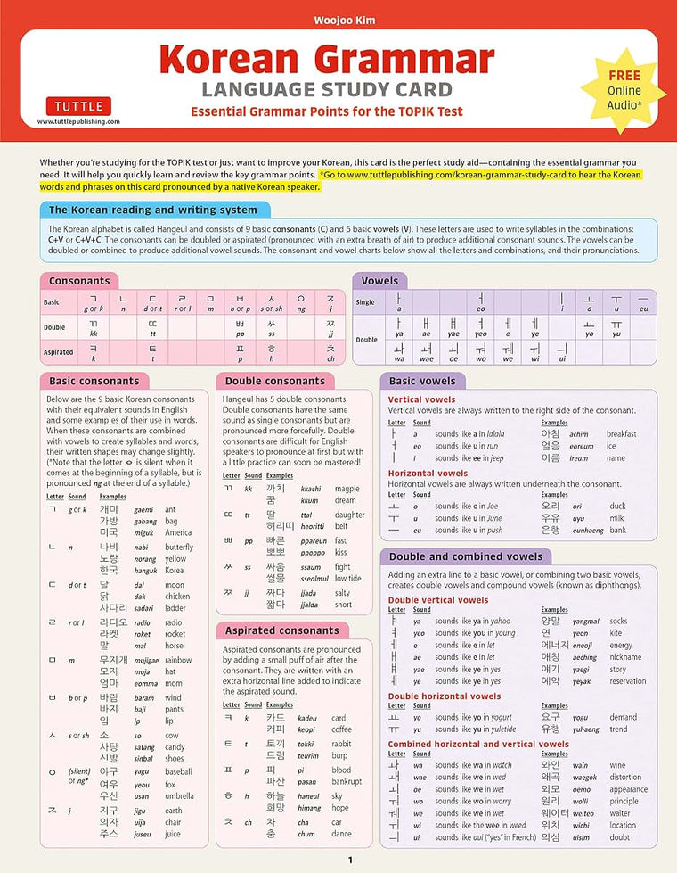 Korean Grammar Language Study Card: Essential Grammar Points for the TOPIK Test (Includes Online Audio)