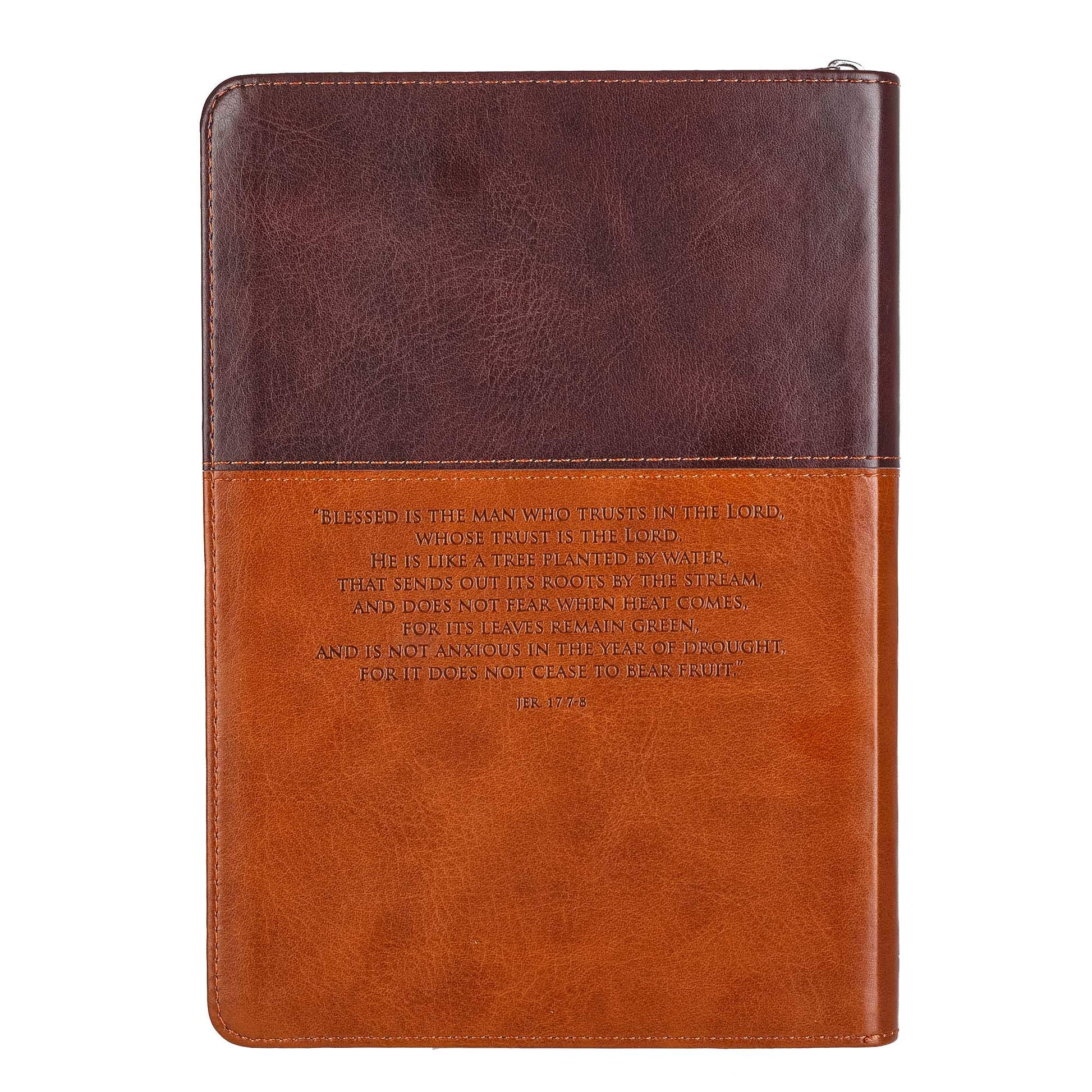 Trust Jeremiah 17:7-8 Bible Verse Brown Faux Leather Journal Inspirational Zippered Notebook w/Ribbon and Lined Pages, 6.5 x 8.75 Inches