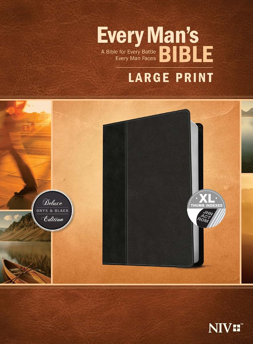 Every Man's Bible NIV, Large Print, TuTone (LeatherLike, Onyx/Black, Indexed) - Study Bible for Men with Study Notes, Book Introductions, and 44 Charts