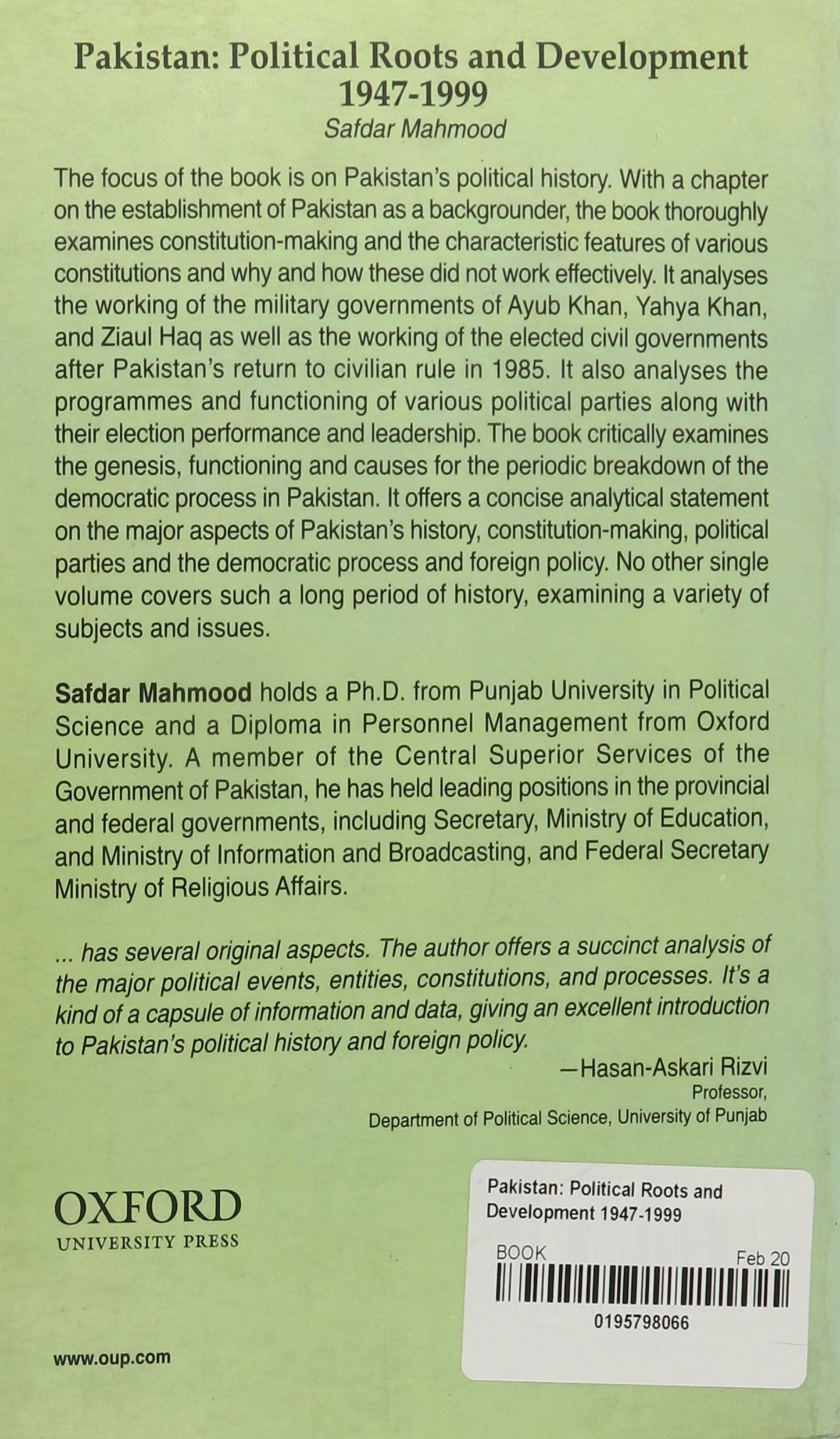 Pakistan: Political Roots and Development 1947-1999 by Mahmo