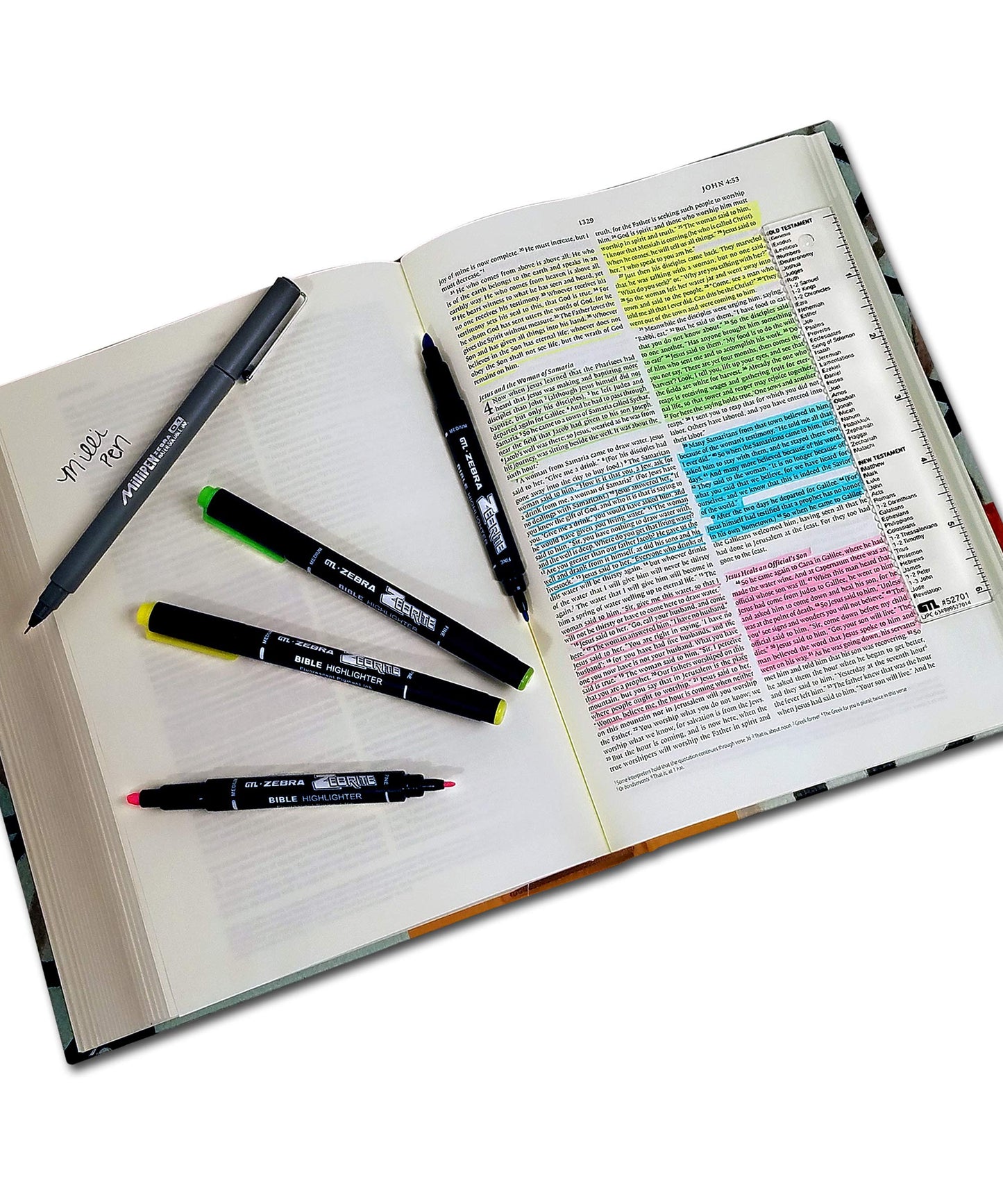 G.T. Luscombe Company, Inc. Zebrite Bible Marking Kit  No Bleed Pigmented Ink  No Fading or Smearing  Double Ended Highlighters, Note Pen & Books of the Bible Ruler/Bookmark (Set of 5 + Ruler)