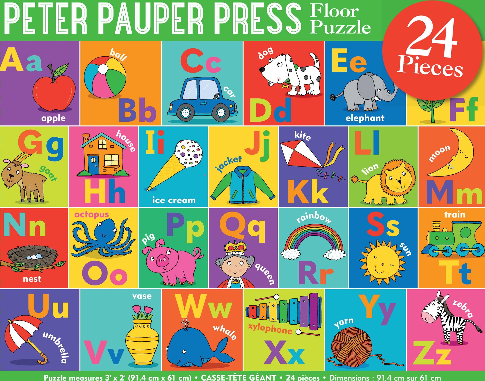 PETER PAUPER PRESS The Alphabet Jumbo Floor Puzzle - Fun and Educational Puzzle with Upper and Lowercase Letters, First Words and Pictures. (24 Pieces) (36 inches Wide x 24 inches high)
