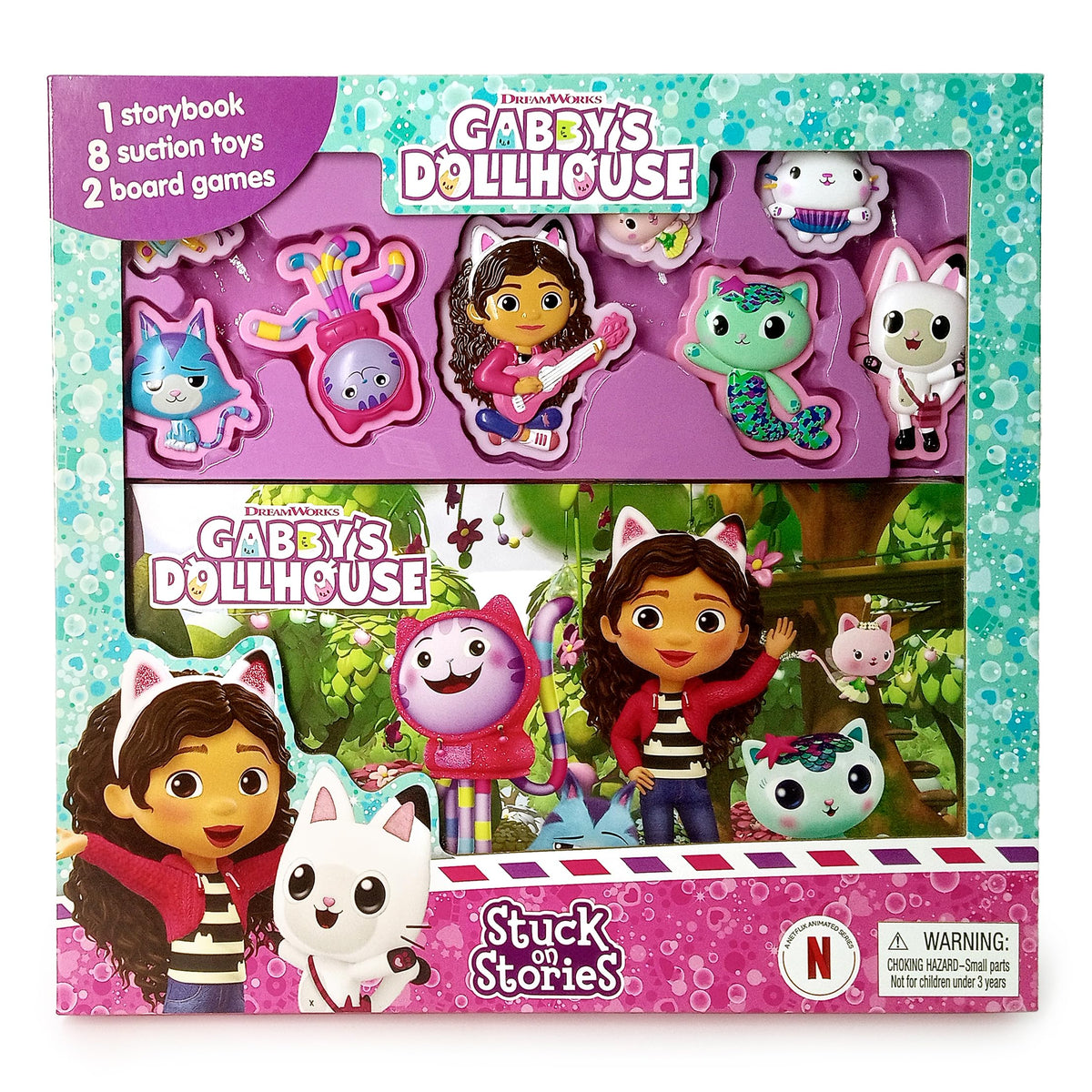 Gabby's Dollhouse Stuck on Stories - Activity Books for kids, 16-page storybook, 8 toy suction cups, 2 board games to enjoy