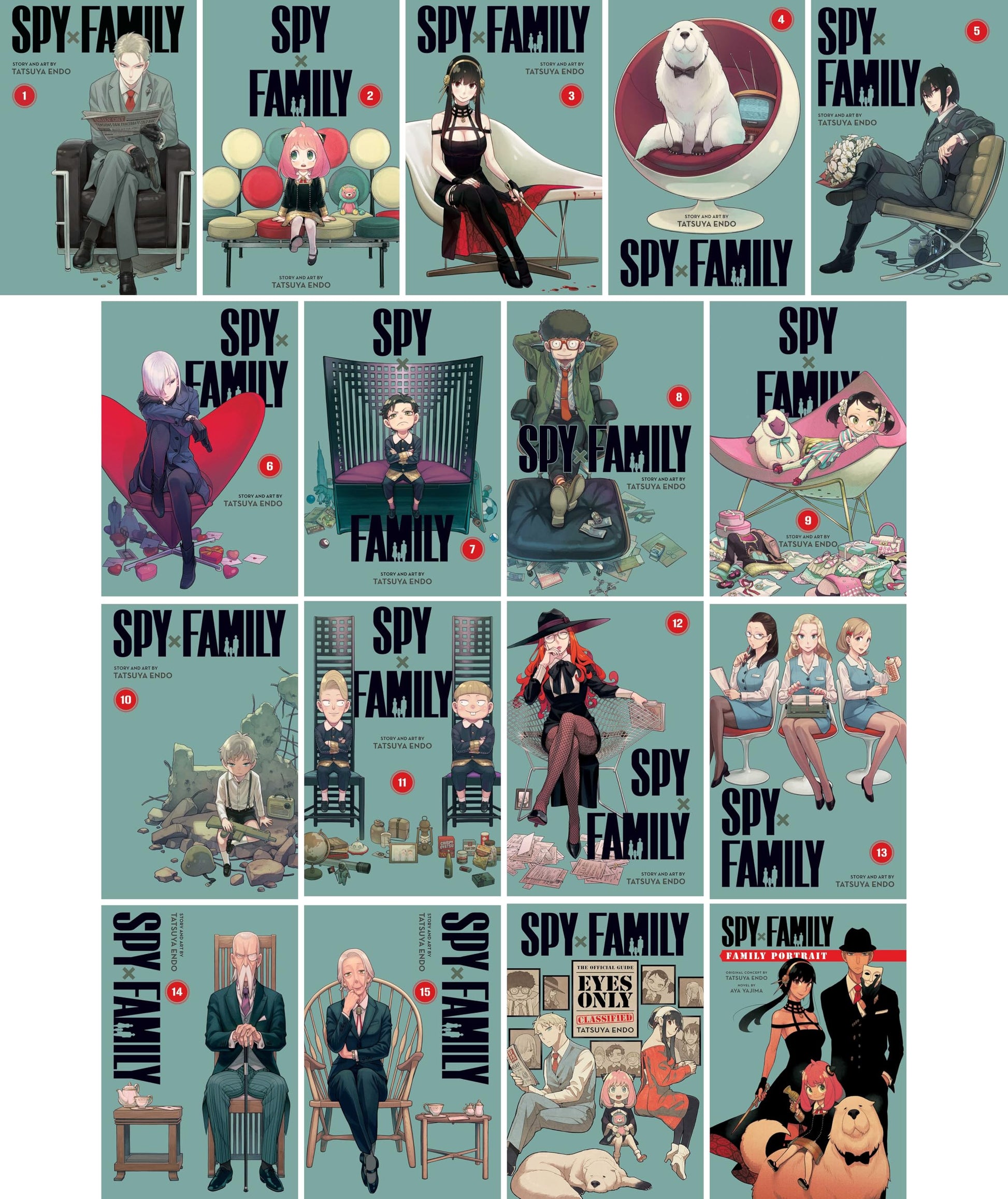 Spy x Family Complete 17 Book Series (Vol. 1-15 + Official Guide + Spy x Family Portrait) Manga Set, by Tatsuya Endo (17 Books)