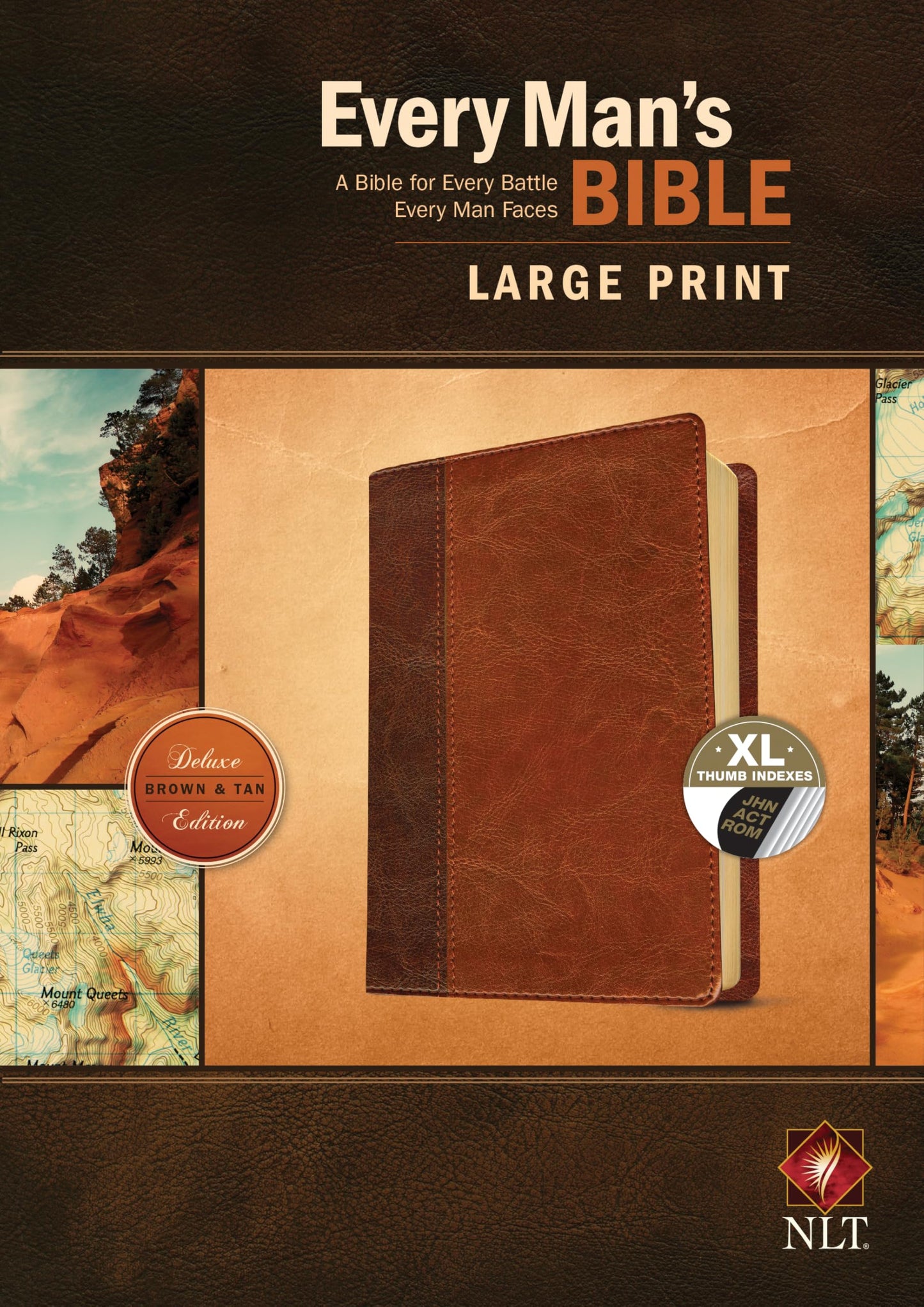 Every Man's Bible: New Living Translation, Large Print, TuTone (LeatherLike, Brown/Tan, Indexed) - Study Bible for Men with Study Notes, Book Introductions, and 44 Charts