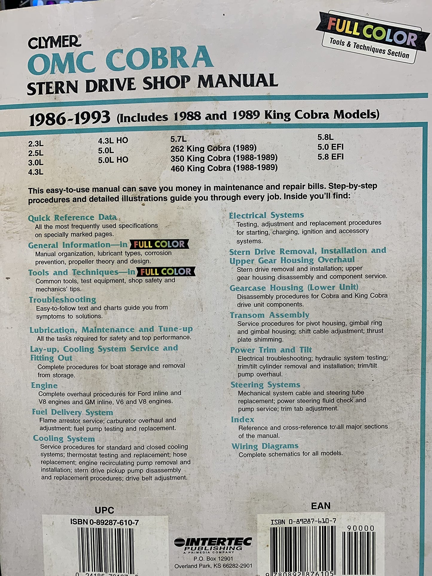 OMC Cobra Stern Drive Shop Manual, 1986-1993 (Includes 1988 and 1989 King Cobra Models)