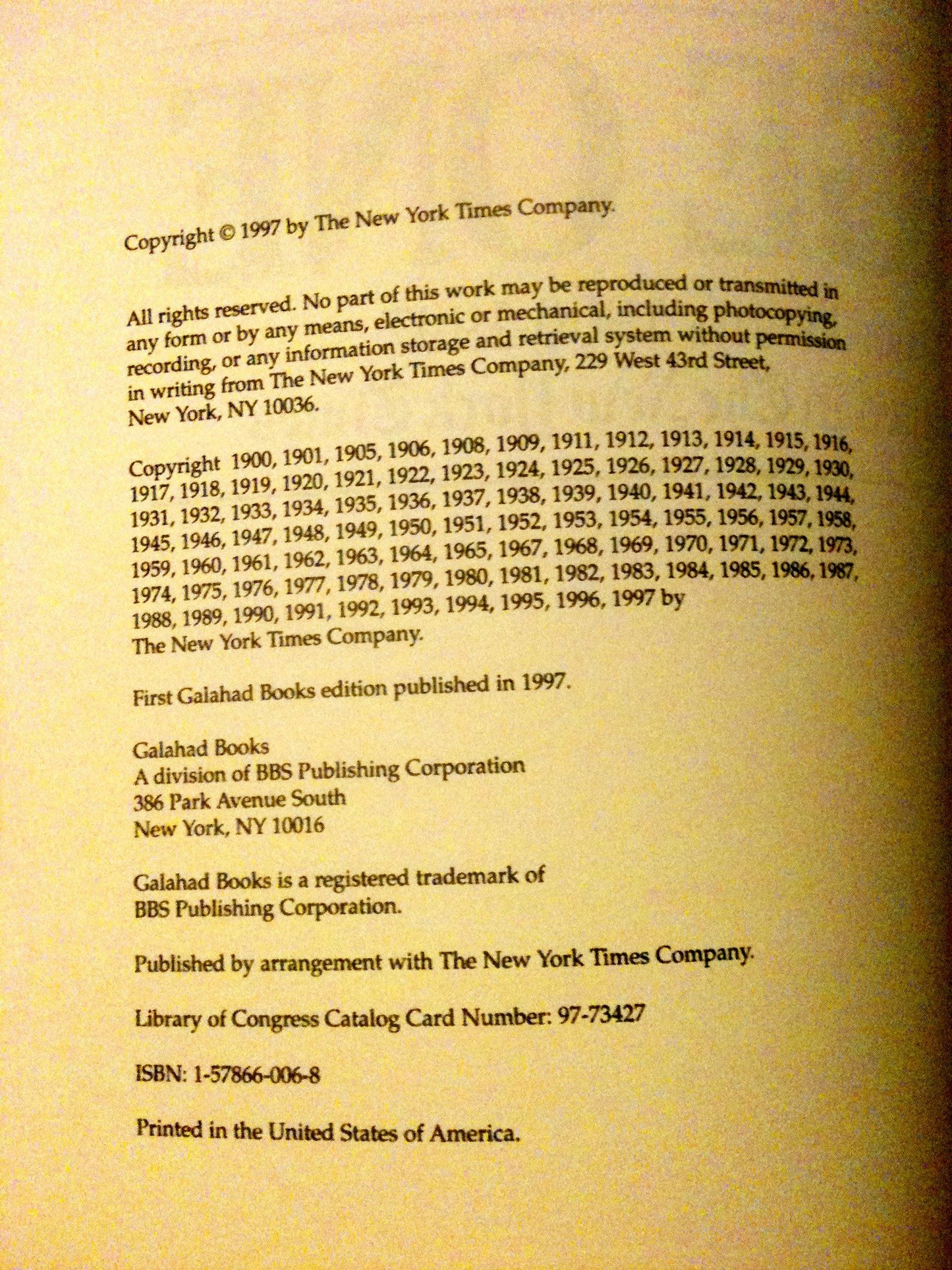 The New York Times Page One: Major Events 1900-1997 As Prese