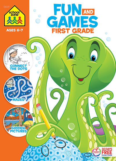 School Zone - Fun and Games First Grade Activity Workbook - 320 Pages, Ages 6 to 8, Hidden Pictures, Mazes, Dot-to-Dots, Coloring, Codes, What's Different, and More (School Zone Big Workbook Series)