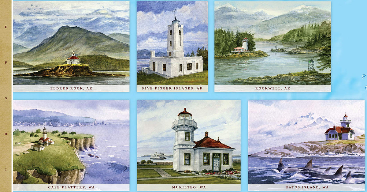 Northwest Lighthouses: Illustrated Map & Guide - Oregon, Washington & Alaska