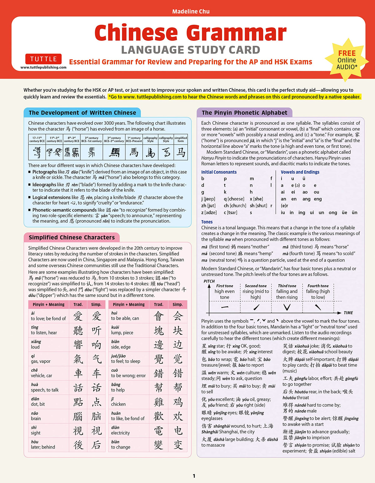 Chinese Grammar Language Study Card: Essential Grammar Points for AP and HSK Exams (Includes Online Audio)