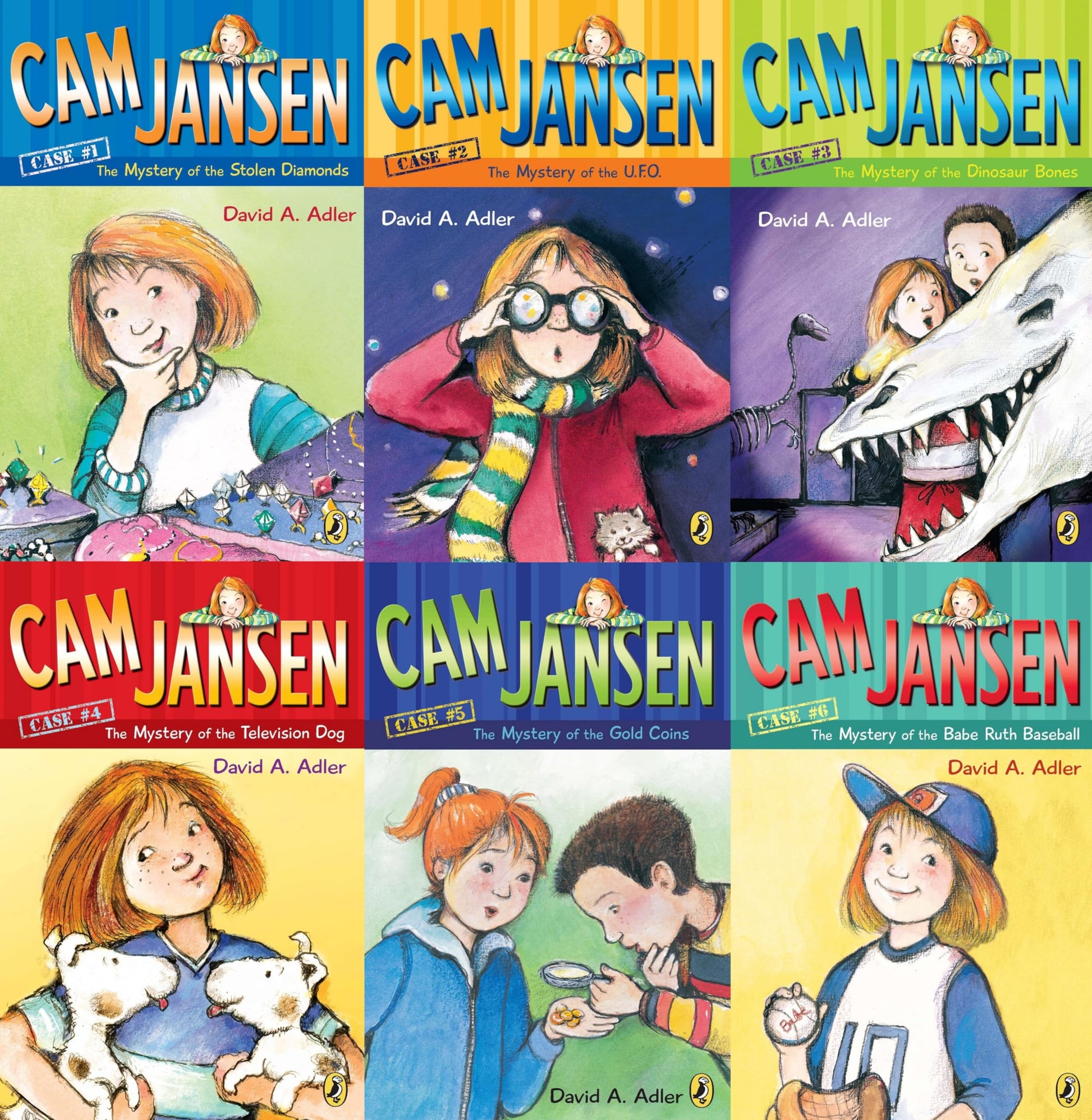 Cam Jansen 6 Book Set (Mystery of the UFO, Television Dog, Babe Ruth, Stolen Diamonds, Dinosaur Bones, Gold Coins)