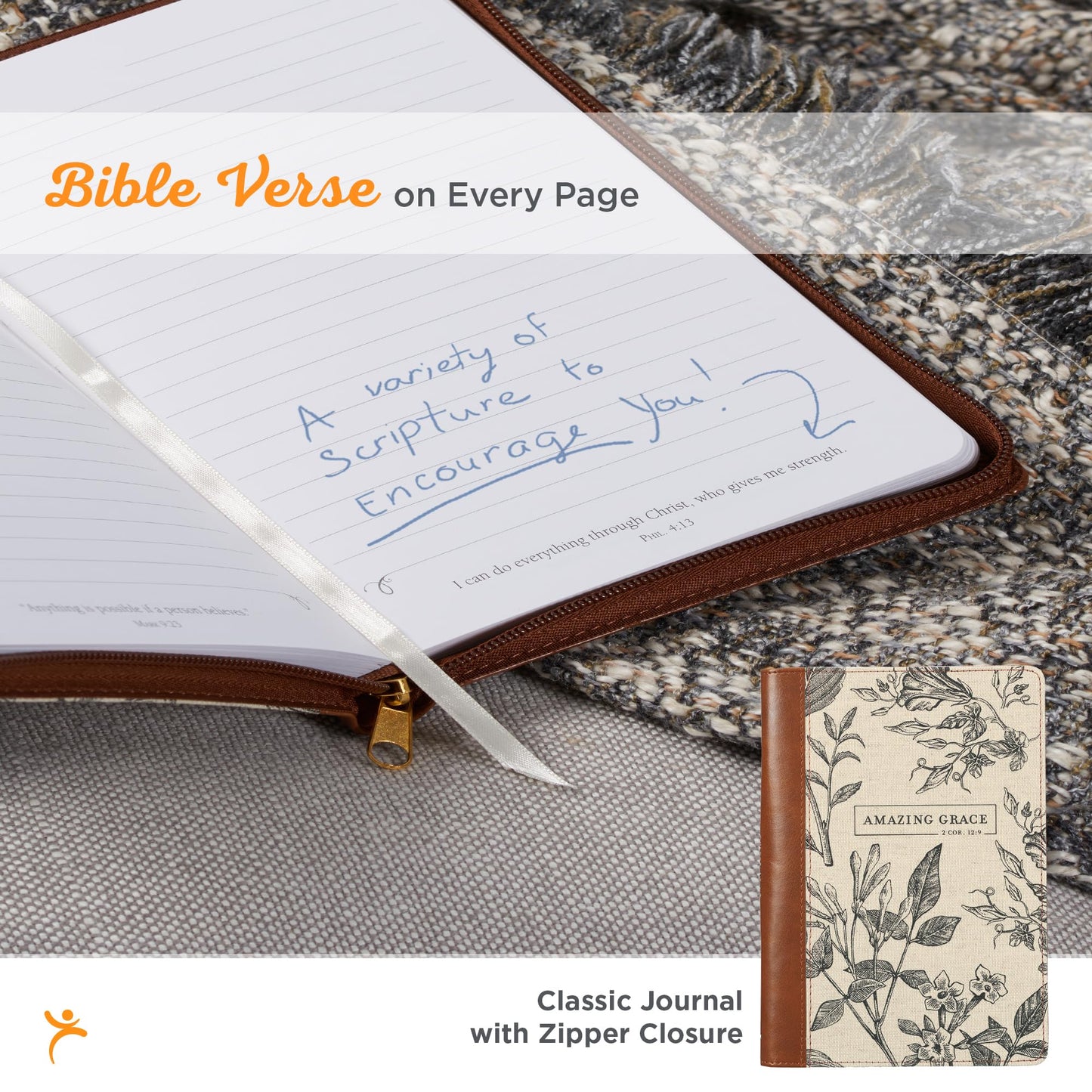 Christian Art Gifts Scripture Journal Brown/Cream Floral Printed Amazing Grace 2 Cor. 12:9 Bible Verse Inspirational Faux Leather Notebook, Zipper Closure, 336 Ruled Pages, Ribbon