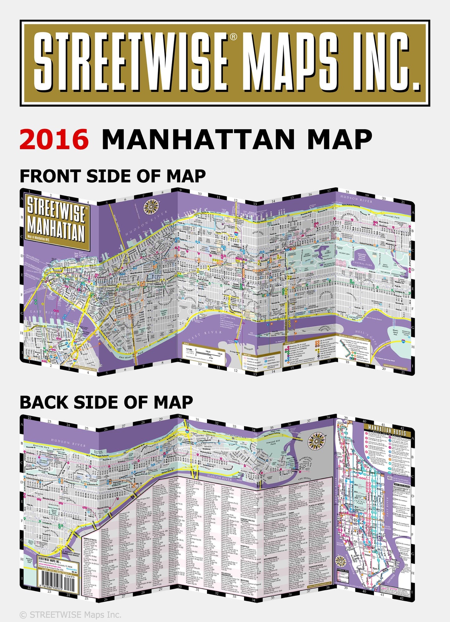 Streetwise Manhattan Map - Laminated City Street Map of Manhattan, New York - Folding pocket size travel map with subway map, bus map