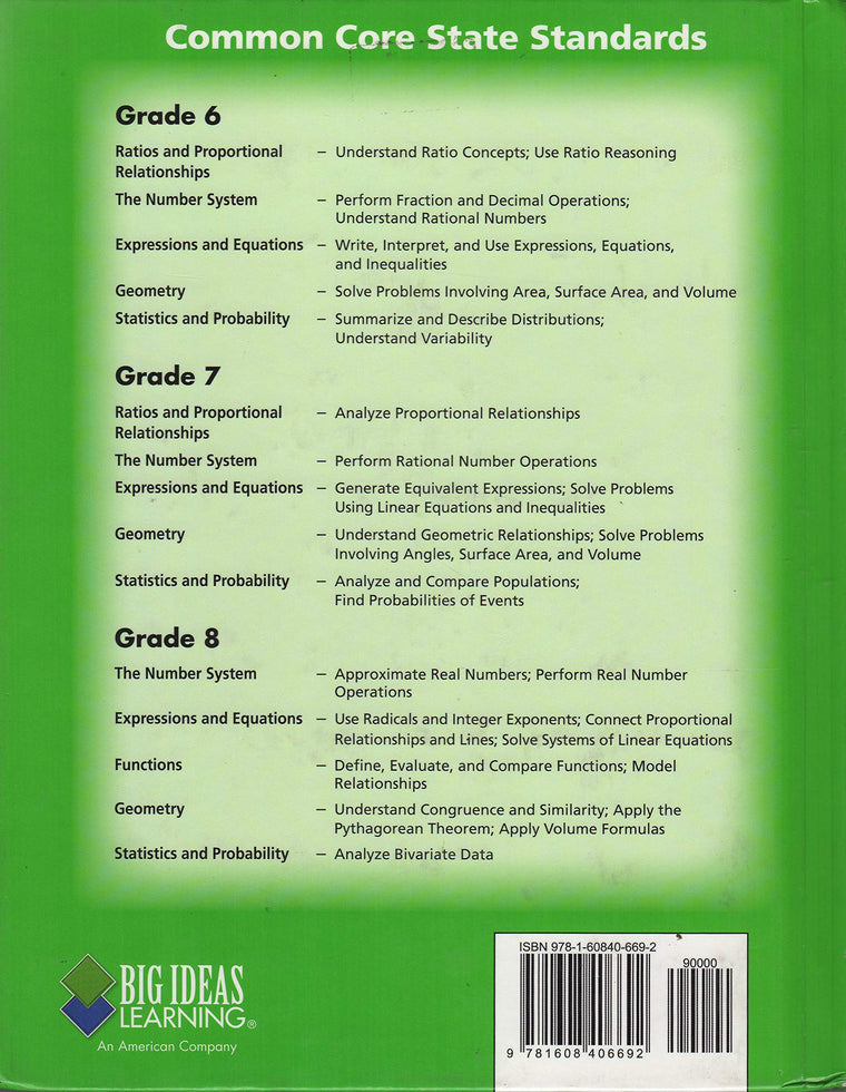 Big Ideas Math Course 1 A Common Core Curriculum, California Edition — back cover