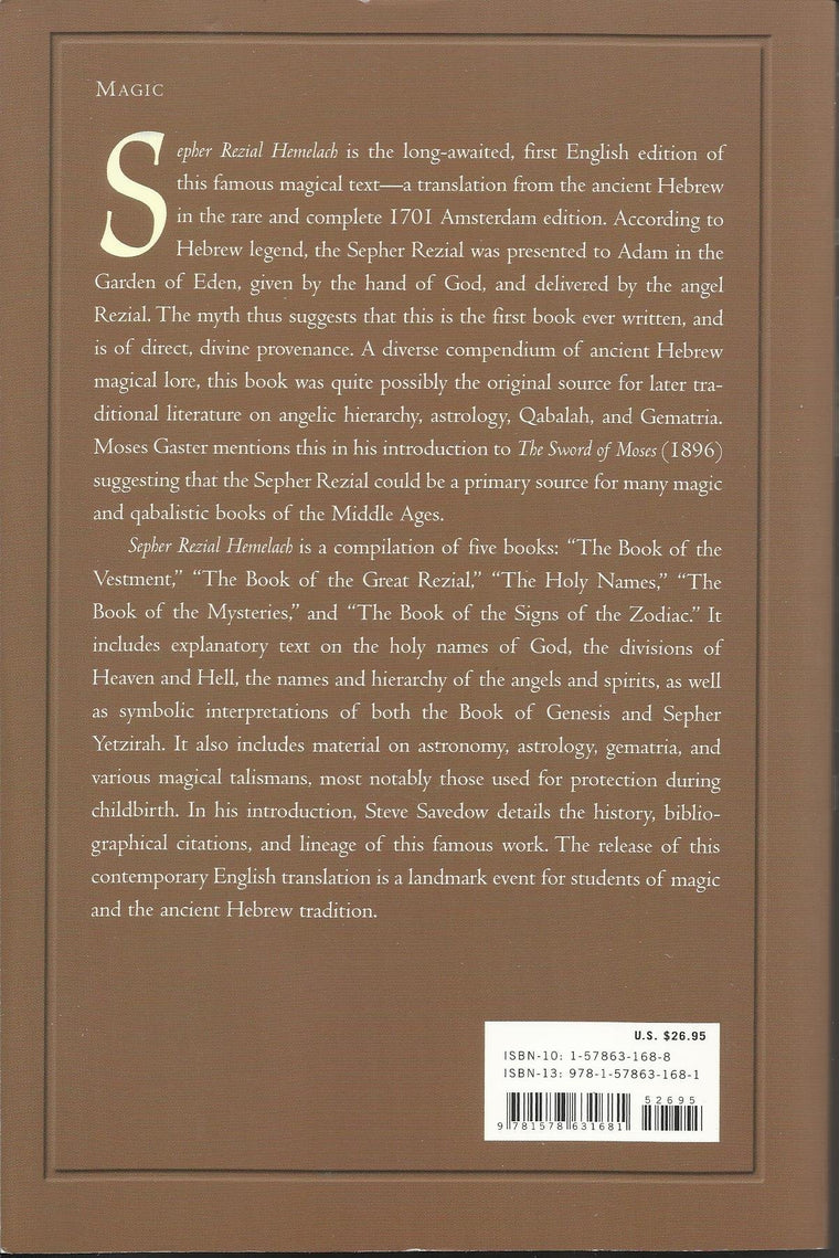 Sepher Rezial Hemelach: The Book of the Angel Rezial — back cover