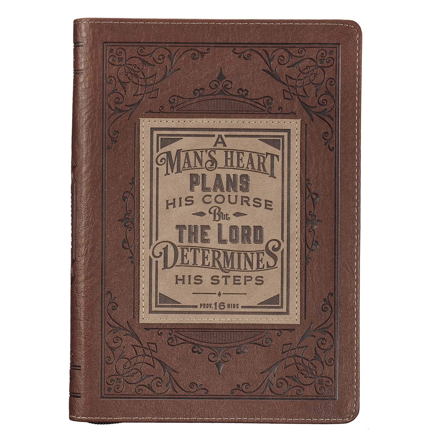 Classic Faux Leather Journal A Man's Heart Proverbs 16:9 Bible Verse Brown Inspirational Notebook, Lined Pages w/Scripture, Ribbon Marker, Zipper Closure