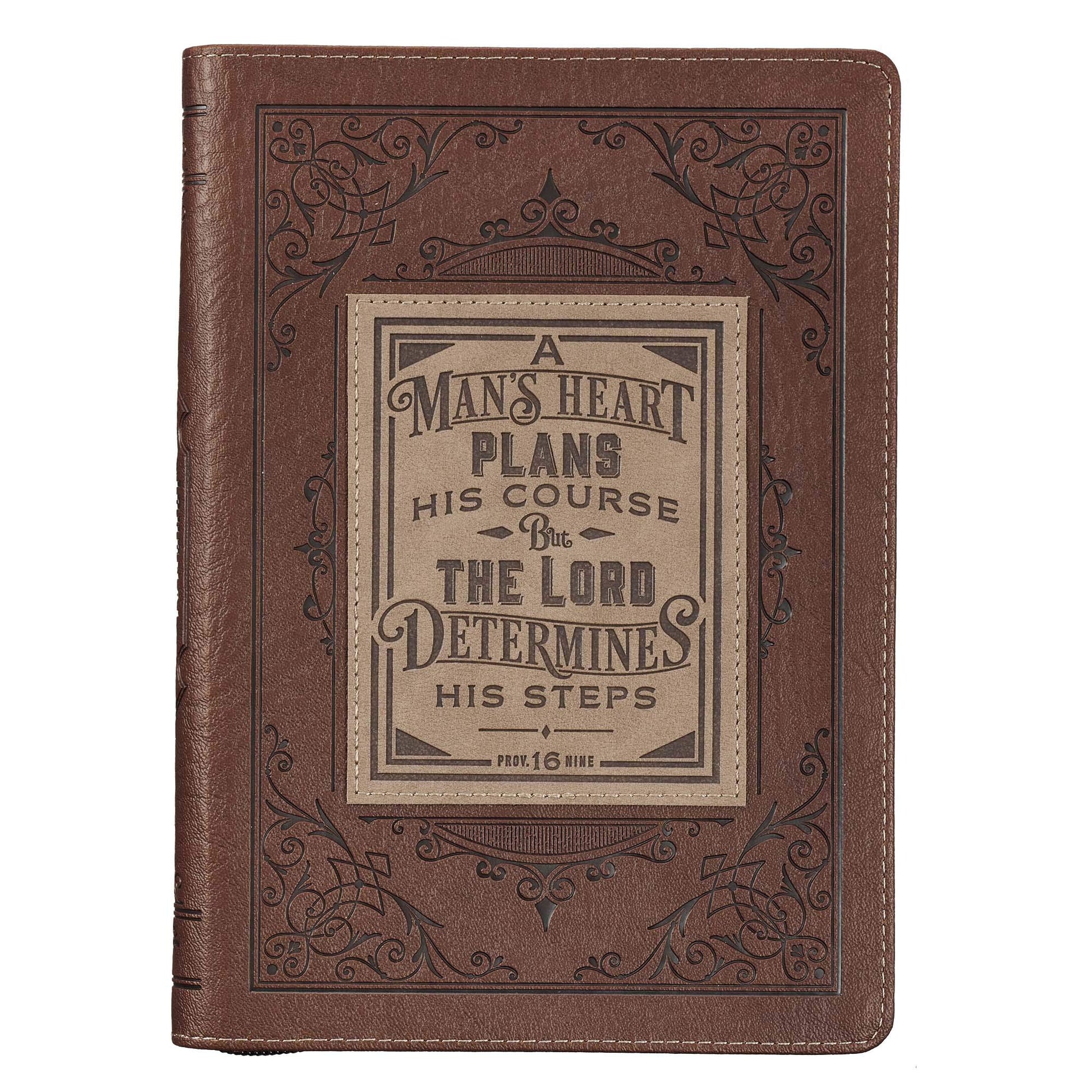 Classic Faux Leather Journal A Man's Heart Proverbs 16:9 Bible Verse Brown Inspirational Notebook, Lined Pages w/Scripture, Ribbon Marker, Zipper Closure