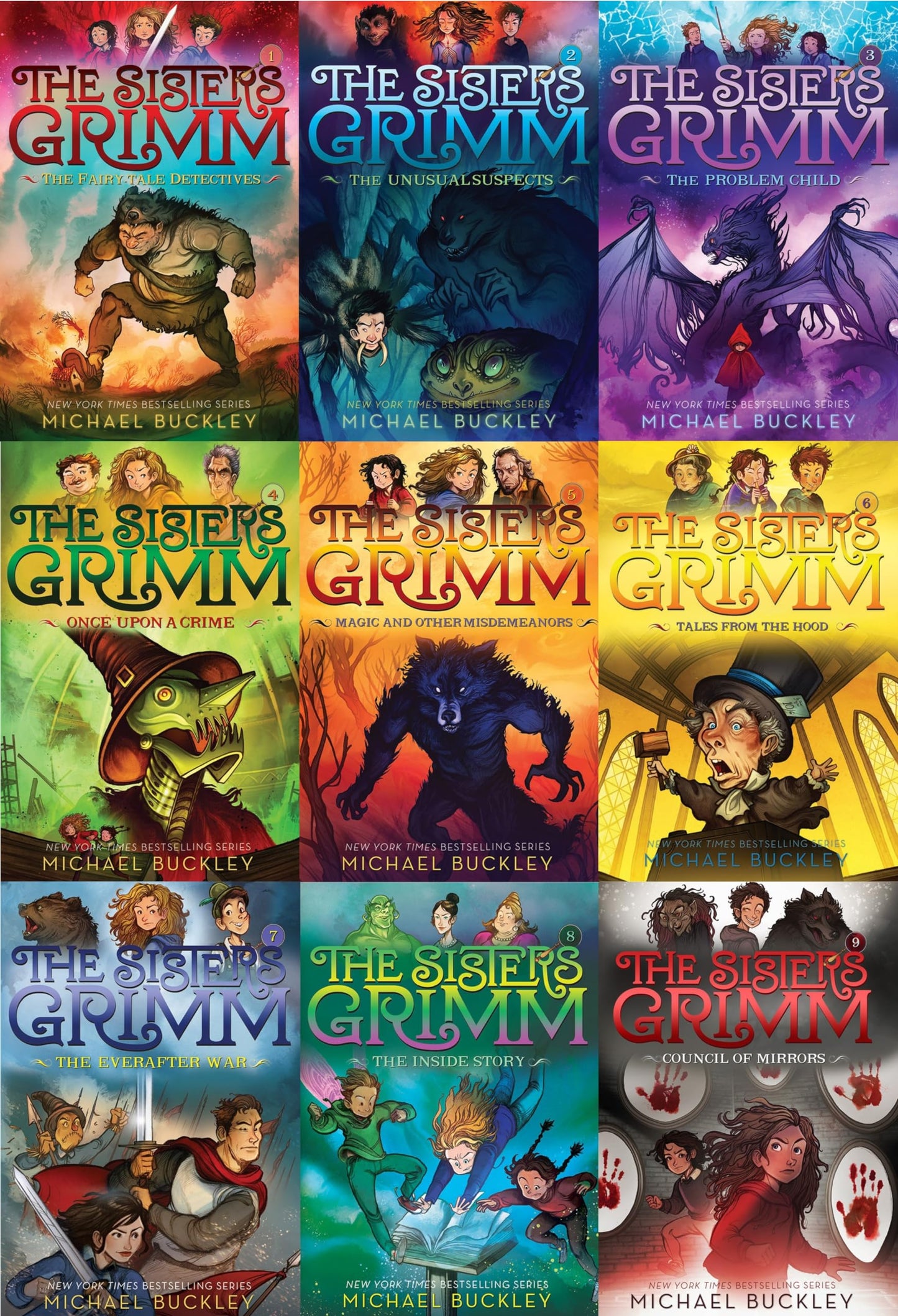 9 Books: Sisters Grimm Set - Fairy Tale Detectives, Unusual Suspect, Problem Child, Once Upon A, Magic & Other Misdemeanors, Tales of the Hood, Everafter War, Inside Story, Council of Mirrors