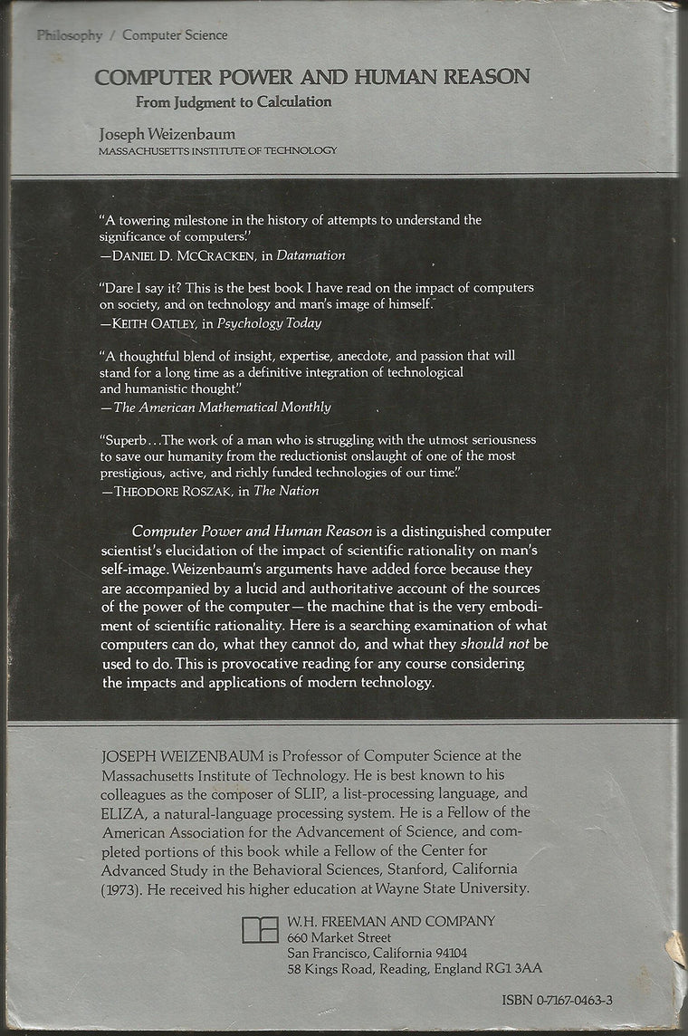 Computer Power and Human Reason: From Judgment to Calculation — back cover